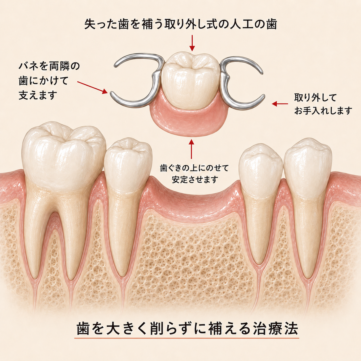 義歯（部分入れ歯）の構造図：クラスプで隣の歯に固定する仕組み