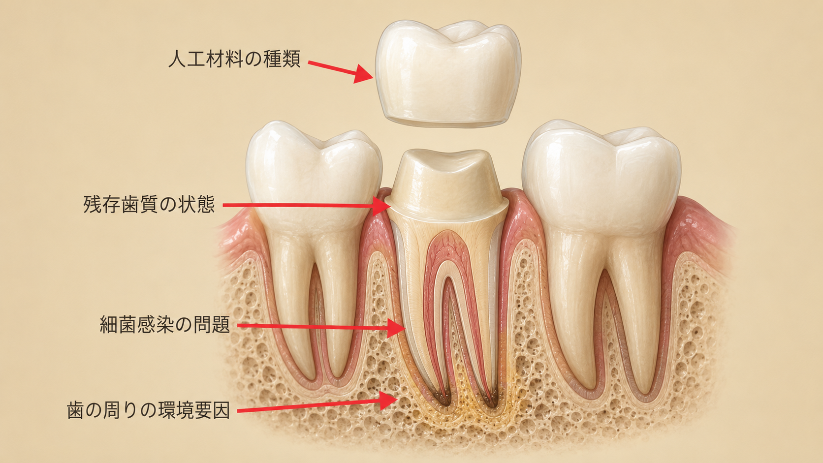 歯の寿命を決める4つの要素：感染状況・残存歯質・修復材料・環境的要因
