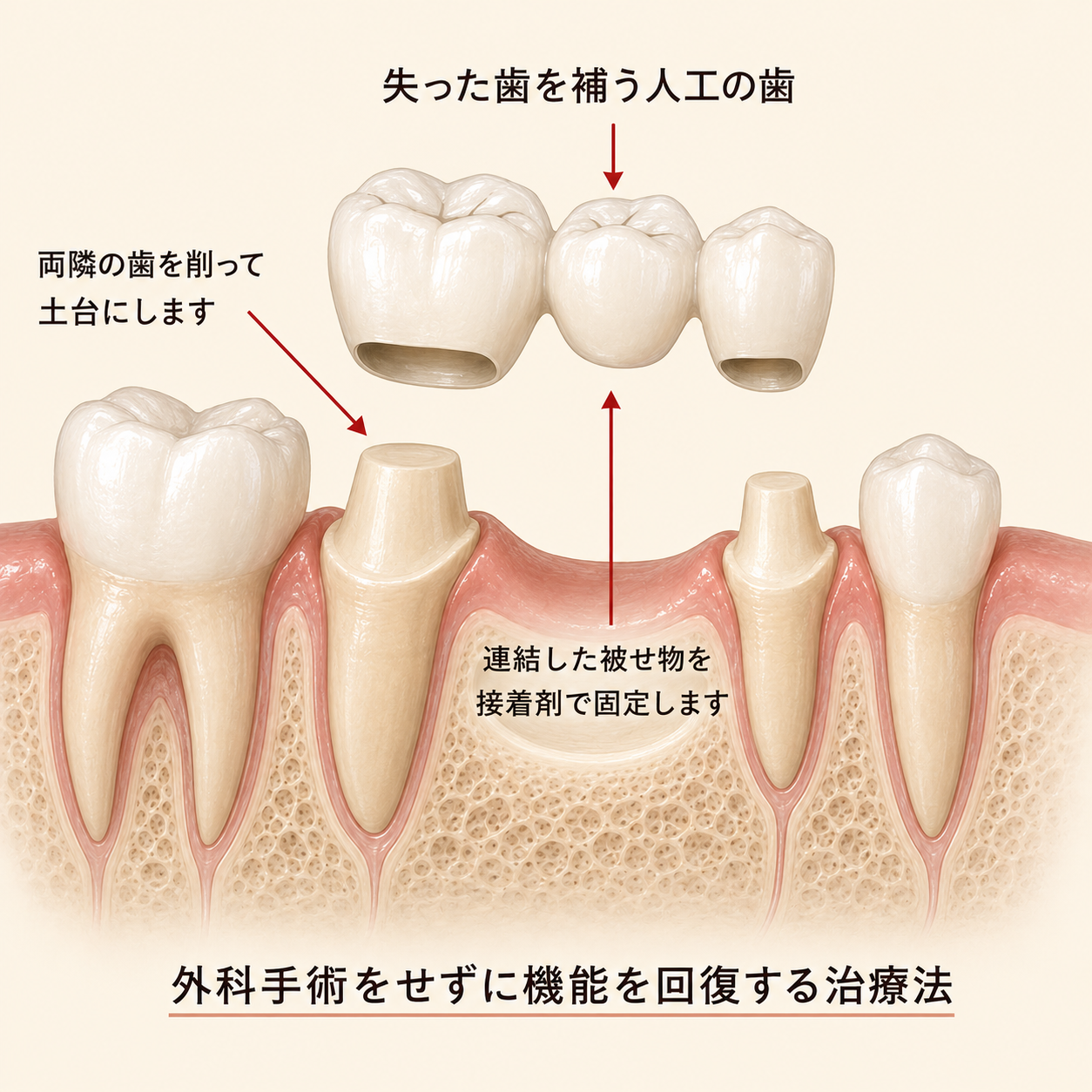 ブリッジの構造断面図：両隣の歯を削り橋をかける仕組み