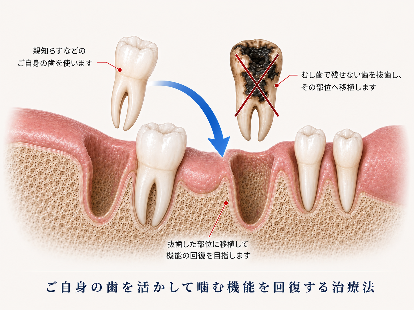 自家歯牙移植の仕組み：親知らずを欠損部に移植する断面図